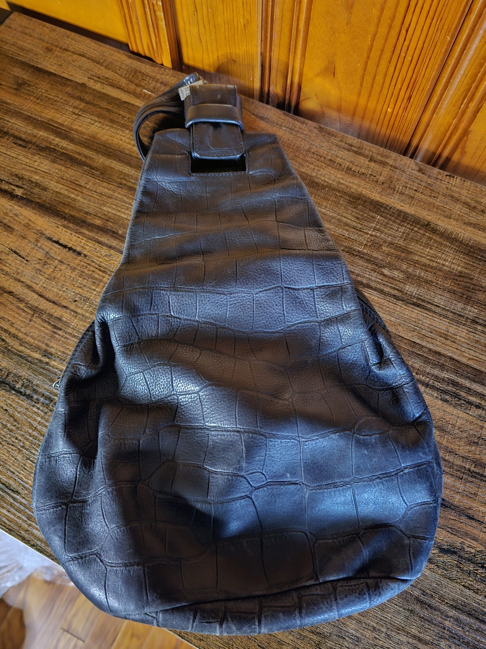 Women's Black Croc-Embossed Sling Backpack
